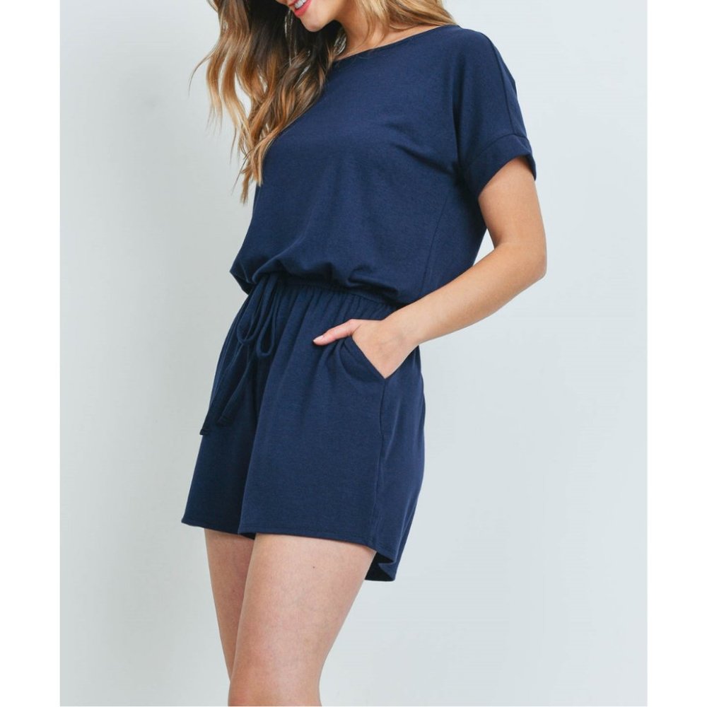 Navy Waist Tie Romper {Zenana} - Picture 3 of 5